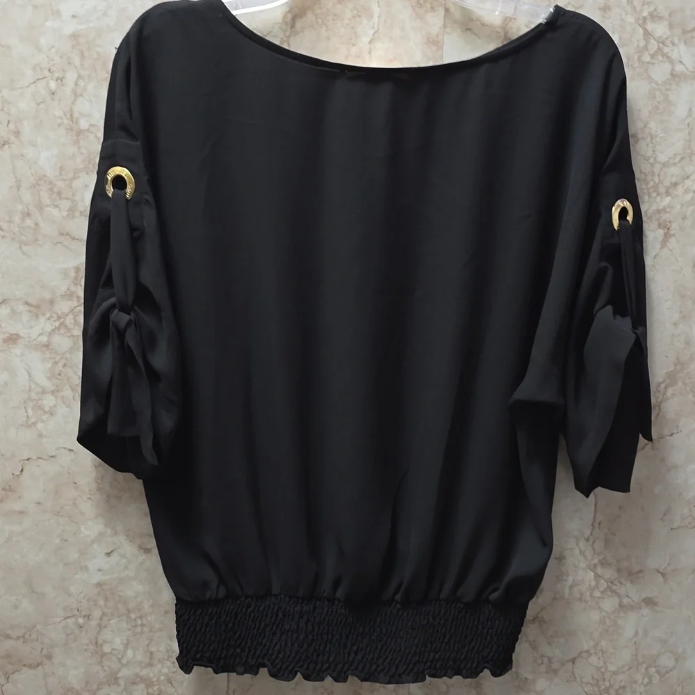 Women's Black Blouson Top with Gold Accent - Picture 2 of 6